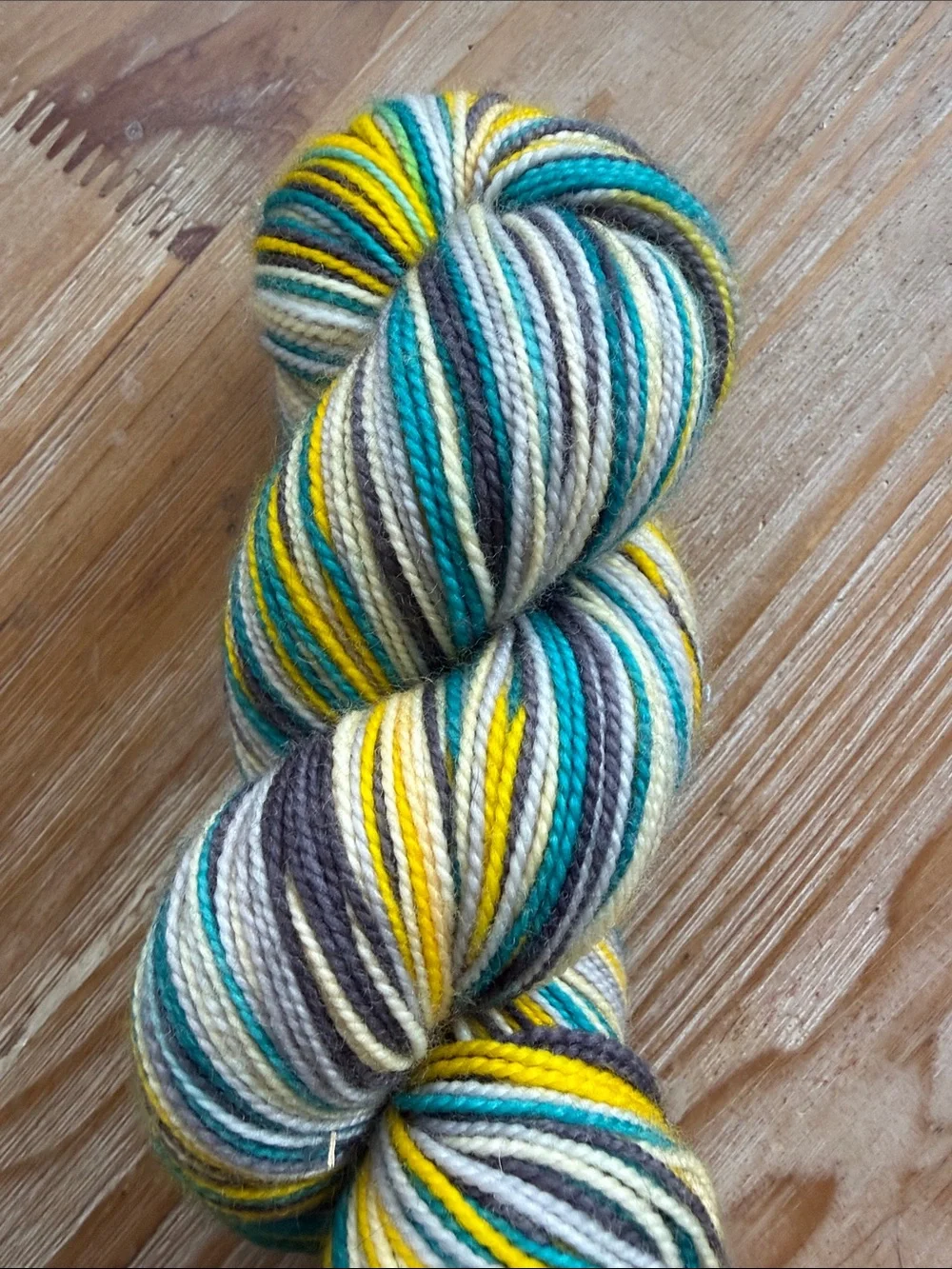Hand-Dyed Multi Color Sock Yarn - Yellow, Teal, Gray, Cream